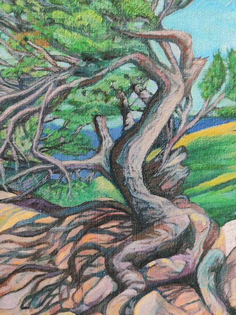 Commission a painting to remind you of the unique beauty of nature, like this twisted whitebeark pine tree overlooking Crater Lake